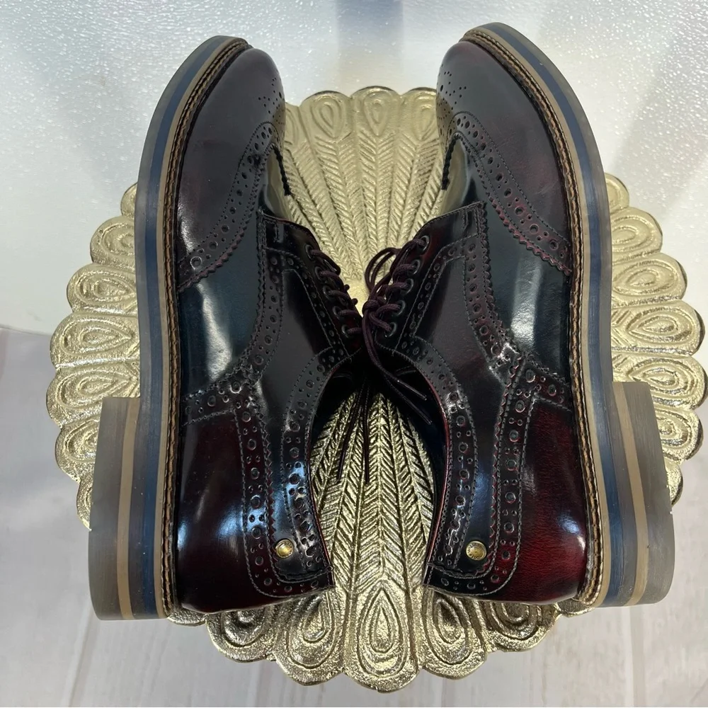 Base London Men’s Leather Brogue Wingtip Oxford Dress Shoes Burgundy‎